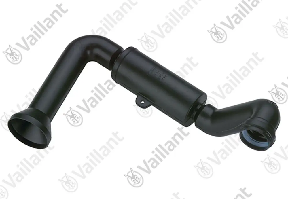 Vaillant Frischluftrohr mit gebogenem Design und mehreren Anschlussmöglichkeiten in schwarzer Ausführung. Geeignet für Luftzufuhr in Heizsystemen.